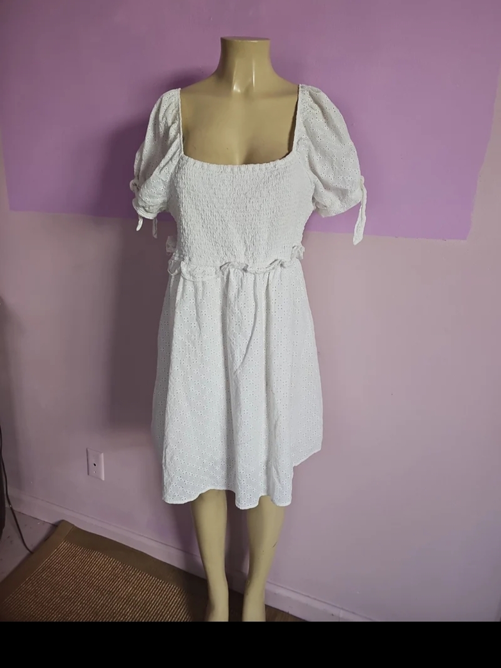 Forever 21 White Eyelet Smocked Puff-Sleeve Mini Dress